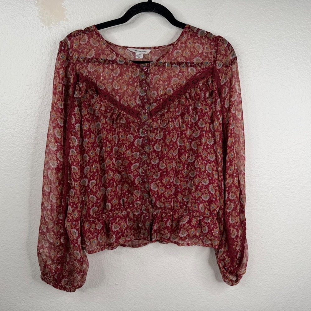 American Eagle Boho Top L Burgundy Bling Thread Floral Sheer Ruffle Lace Lined